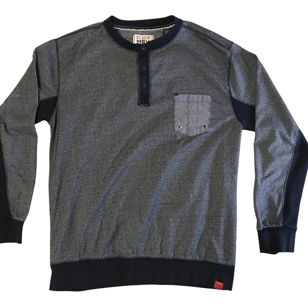 MBX Denim Wear Mens Henley Long Sleeve Shirt Gray Black Textured Pocket Large